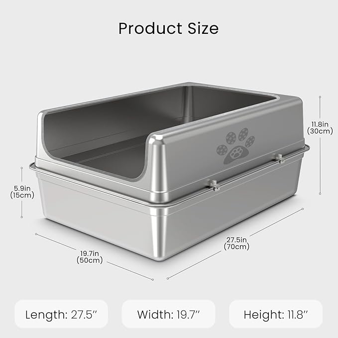 Enclosed Stainless Steel Cat Litter Box with Lid, Oversize Metal Litter Box for Multi Cats, Extra XXL Cat Toilet with High Side, Non-Stick, Anti-Leakage, Odorless, with Cat Litter Mat & Litter Scoop