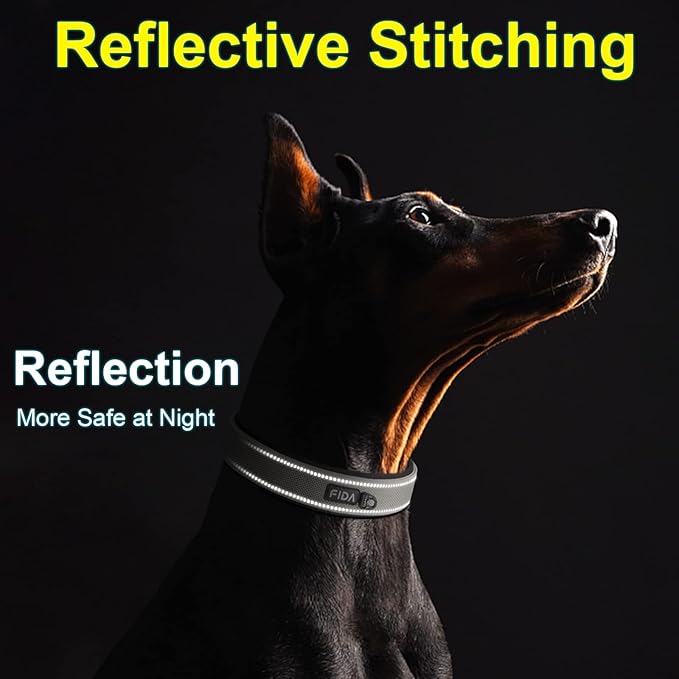 Fida Heavy Duty Dog Collar, Ultra Comfortable Soft Neoprene Padded, Adjustable Reflective Nylon Pet Collar with Durable Metal Belt Buckle for Large Breeds (L, Grey)