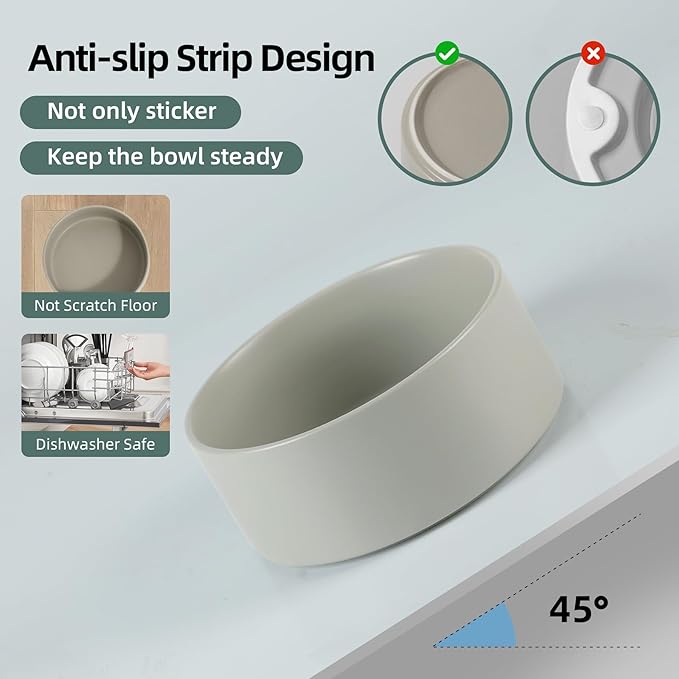 Ceramic Raised Double Bowls Set with Stand, Food & Water Bowls for Medium Breed Dogs, Weighted Dog Dishes, Pet Bowl(7.3'',41OZ, Grey)