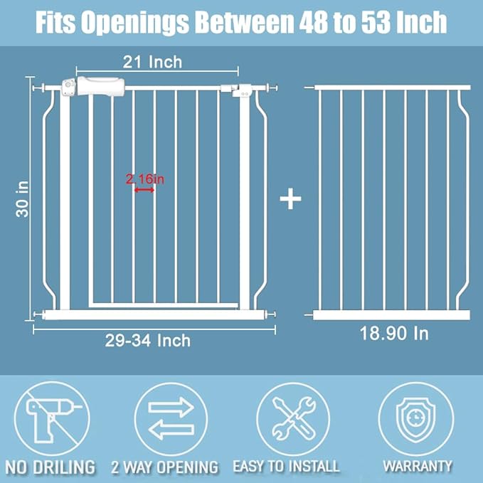 Extra Wide Baby Gates 48-53 Inch Child Dog Pet Gate Indoor Adjustable Safety Child Gates for House Doorway Stairs Banister Walk Through Doggie White