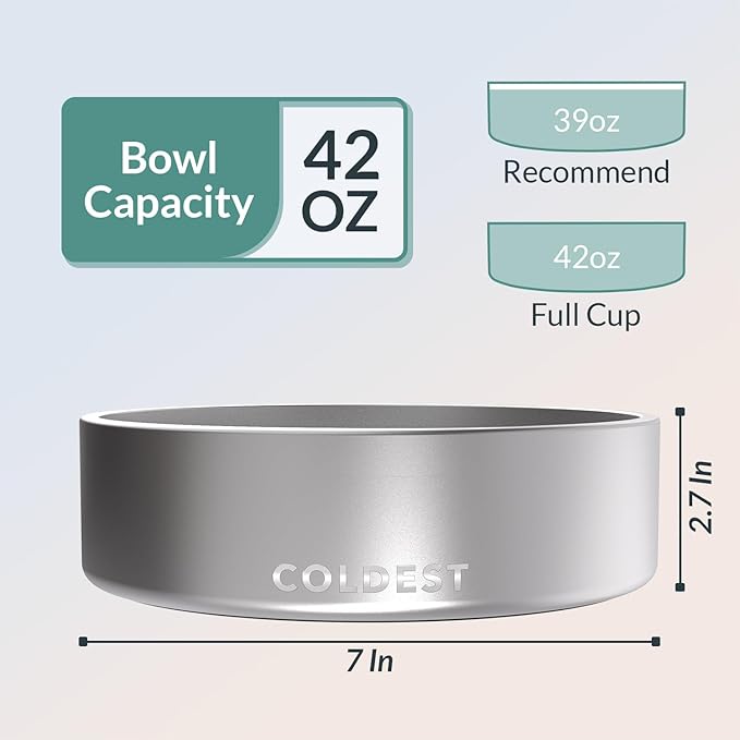Coldest Dog Bowl - Anti Rust Metal, Non Slip, 3 Layers Insulated Stainless Steel Dog Bowls - Spill Proof & Heavy Duty - Water Bowl for Dogs, Cats, Dish Washer Safe (42 oz, Polished Stainless Steel)