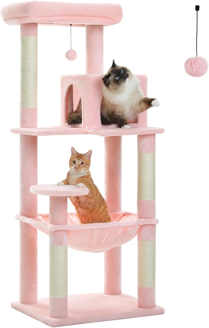 Cat Tree for Large Cats Adult with Metal Plush Big Hammock, 56.3" Cat Tower with 2 Door Condo House, 6-Tier Cat Shelves with Scratching Posts and Large Top Perch, Light Pink