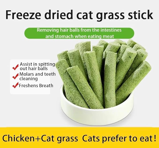 Cat Grass Teething Sticks for Hairball Removal & Teeth Cleaning, Chicken Flavored, Natural Dental Treats for Indoor Cats