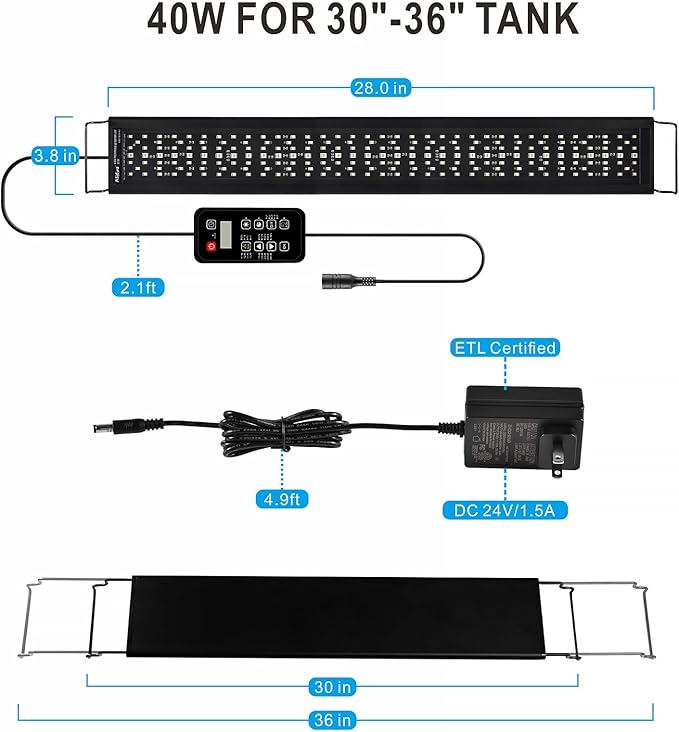 Advanced 7-Row LED Aquarium Light, Easy Setup Controller, Auto On Off Full Spectrum Fish Tank Light, 24/7 Lighting Cycle, 8 Colors, 10 Level Dimming, 40W for 30"-36" Freshwater Planted Tank