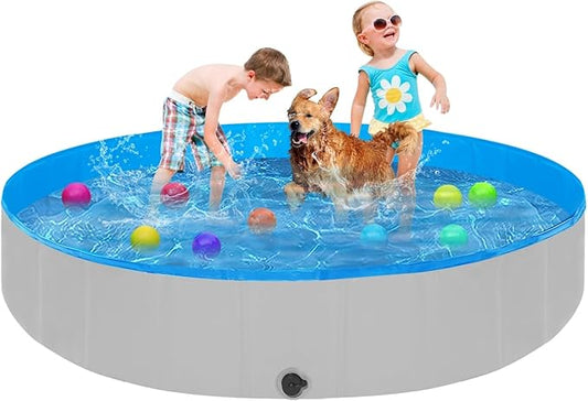 Foldable Dog Pool, 63" Kiddie Pool Hard Plastic, Portable Dog Swimming Pool for Large Dogs, Collapsible Pet Wading Pool & Bath Tub Outdoor Kids Pool Anti-Slip