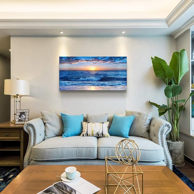 canvas wall art for living room Blue Ocean Sea sun landscape painting bathroom Wall Decor Ready to Hang for Home Decorations office family bedroom kitchen Works canvas Prints pictures 20" x 40"inch