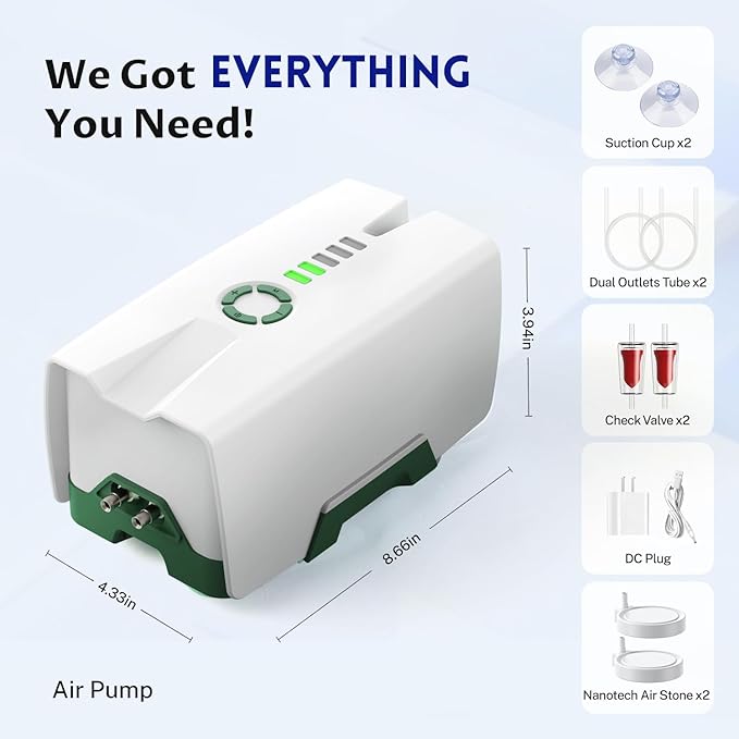 Ghosthorn Quiet AC/DC Aquarium Air Pump 12000mAh Battery Powered Aquarium Bubbler with 87 Hours Battery Life 2-Outlet Rechargeable Bait Aerator Adjustable Oxygen Pump, Power Outages and Emergency