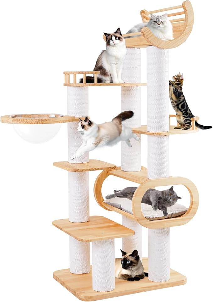 74.8" Modern Cat Tree for Indoor Cats, Tall Wood Cat Tower with Scratching Post, Heavy Duty Luxury Condo with Removable Mats, Multi-Level Cat Furniture for Cats