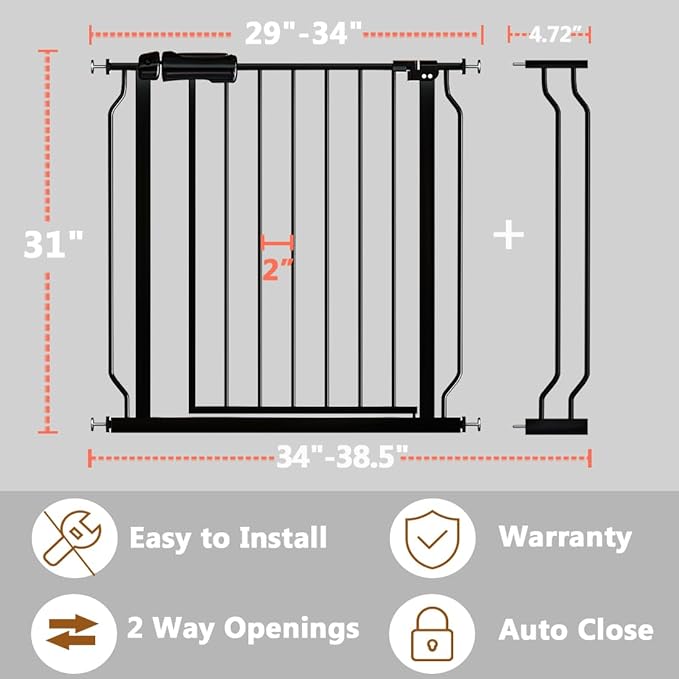 Fairy Baby Walk Through Baby Gate 34-38.5 Inch Wide, Pressure Mounted Safety Gate with Door No Drill, Tension Metal Gate for Dog and Toddler, Black