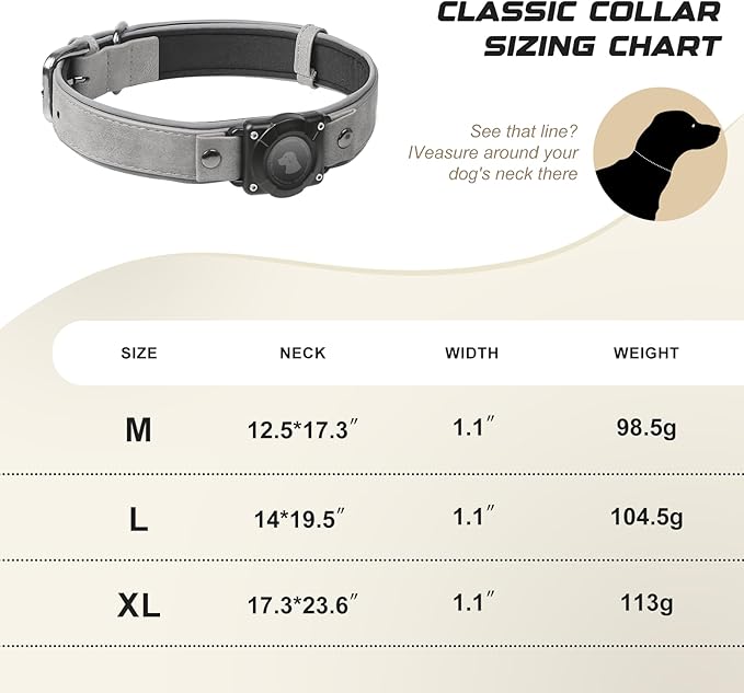 AirTag Dog Collar - Leather Dog Collar with Air Tag Holder | IPX8 Waterproof, Reflective, High - End, Adjustable Soft Padded | Dog GPS Tracker Collars Fit for Medium Large Dogs (Grey, L)