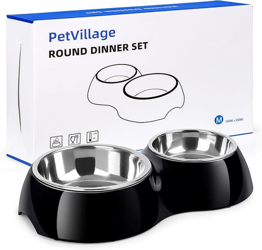 Double Dog Bowls Set – Non-Slip Pet Food & Water Dishes with Resin Stand, Includes Small (1 Cup) & Medium (2 Cups) Bowls – Ideal for Puppies, Cats, and Medium Dogs –Black