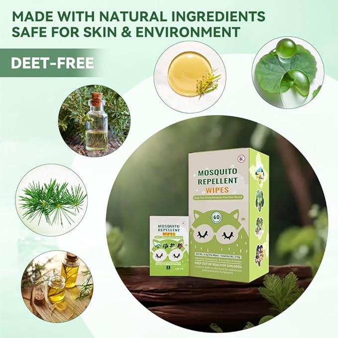 60 PCS Mosquito Repellent Wipes, Individually Wrapped Insect Repellent Wipes Made of Natural Plant-Based Essential Oils, Safe & Effective Insect Protection Perfect for Outdoor Activities, Long-Lasting