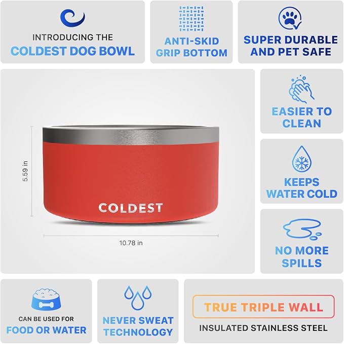 Coldest Dog Bowl - Anti Rust Metal, Non Slip, 3 Layers Insulated Stainless Steel Dog Bowls - Spill Proof & Heavy Duty - Water Bowl for Dogs, Cats & Pets, Dish Washer Safe (200 oz, Crimson Red)
