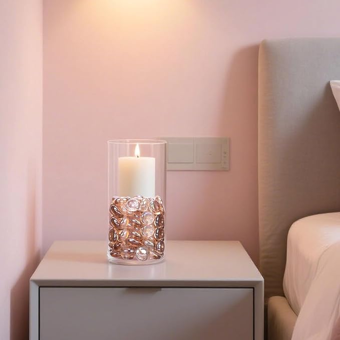 FUTUREPLUSX 1LB Pink Flat Glass Marbles, Vase Fillers Gems Fish Bowl Marbles Decorative Glass Pebbles for Vases Aquarium Floral Smooth Stone