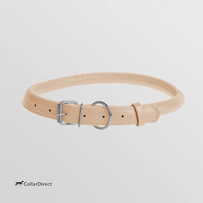 CollarDirect Rolled Leather Dog Collar, Soft Padded Round Puppy Collar, Handmade Genuine Leather Collar Dog Small Large Cat Collars 13 Colors (11-14 Inch, Beige Textured)