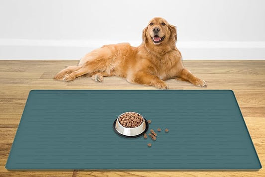 48" x 32" Largest Pet Food Mat, XXXL Silicone Dog Mats for Food and Water, Nonslip Pet Feeding Mats for Floors,Dog Cat Bowl Mat with Raised Edges, Dark Green