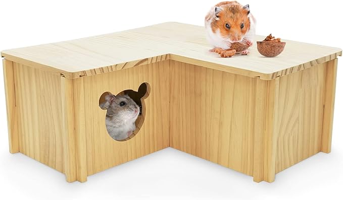 Fhiny Wooden Hamster House, Multi-Chamber Hamster Hideout & Tunnel Detachable Activity Room Exploring Toys Rats Habitat Decor for Dwarf Hamsters Gerbils Mice Lemmings (Small)