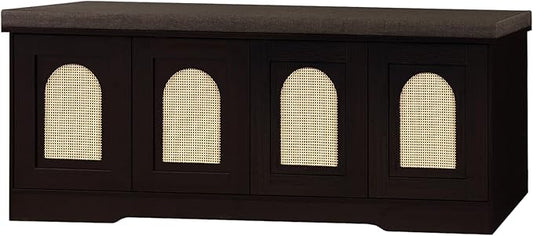 DINZI LVJ Shoe Bench, Entryway Storage Bench with Doors, Cushion, 2-Tier Shoe Rack with 8-Cubby, 47.2”L x 13.8”W Shoe Organizer Cabinet, Adjustable Shelf, Living Room, Bedroom, Espresso with Rattan