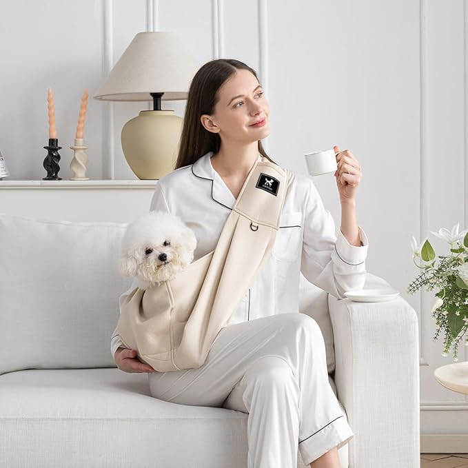 Dog & Cat Carrier Sling, Adjustable Soft Padded Shoulder Puppy Carrier, Hands-Free Dog Carrier Bag with Double Safety Buckles Premium Material for Outdoor Travel (Apricot, L)