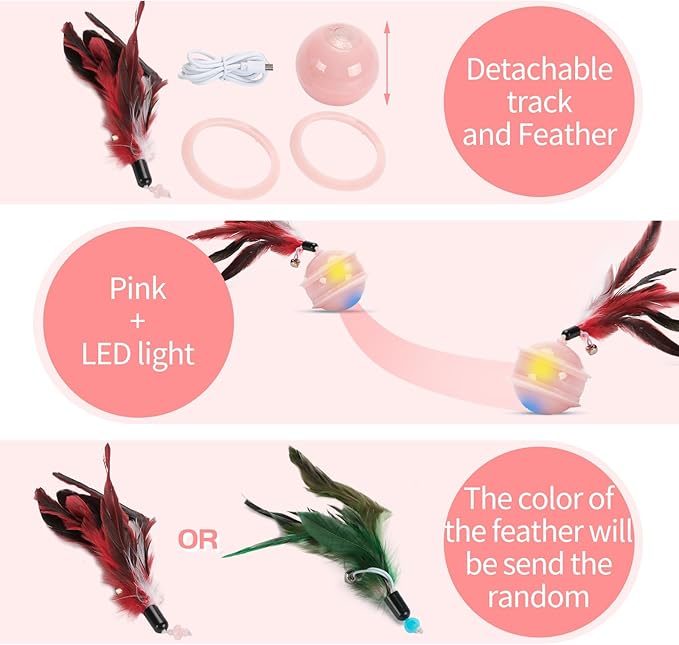Colurful LED Interactive Cat Feather Toy Ball for Bored Indoor Adult Cats Chase Automatic Moving Ball Rechargeable Self Rolling Automated Tumbler Toy Electric Cat Toy (Pink)