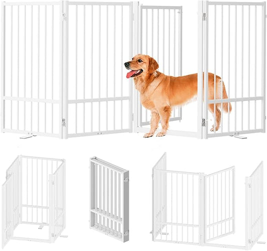 Full Metal Freestanding Dog Gate with Door, 32''Height Foldable Pet Dog Fence for Indoor & Outdoor, 4 Panels Extra Wide Free Standing TallDog Gates for Doorways,House,Stairs,Porch,Deck,Yard