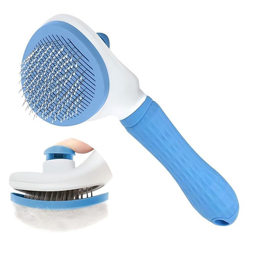 Cat Hair Brush, Cat Brush for Shedding with Metal Comb, Self Cleaning Pet Hair Brush with Release Button - Skin Friendly Deshedding Grooming Brush for Short and Long Haired Cats
