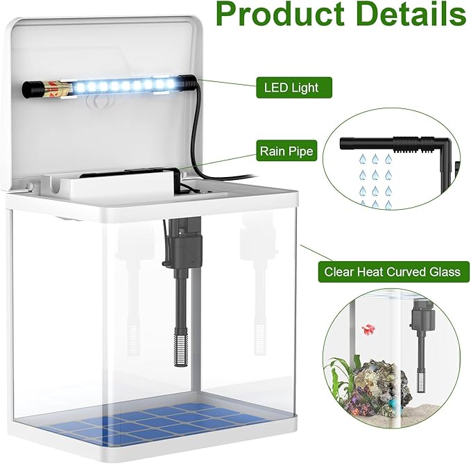 2 Gallon Betta Fish Tank Starter Kit, Self-Cleaning Aquarium with Built-in Filter and LED Light
