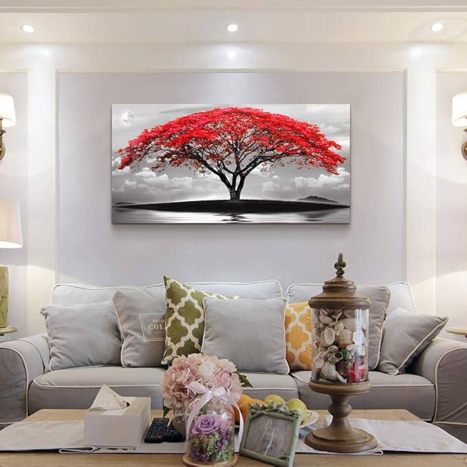 canvas wall art for living room bathroom Wall Decor Black and white landscape red tree moon scenery Hang painting Home Decorations for office bedroom kitchen Works canvas Prints pictures 24" x 48"inch