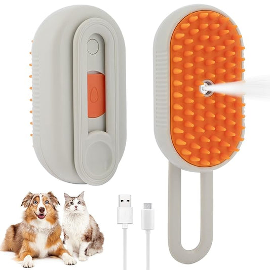 4-in-1 Cat Steam Brush Cat and Dog Anti-Static steam Brush with Spray for Massaging,cleaning,Shedding,Grooming,New Rechargeable Pet Grooming Brushes(cream khaki)