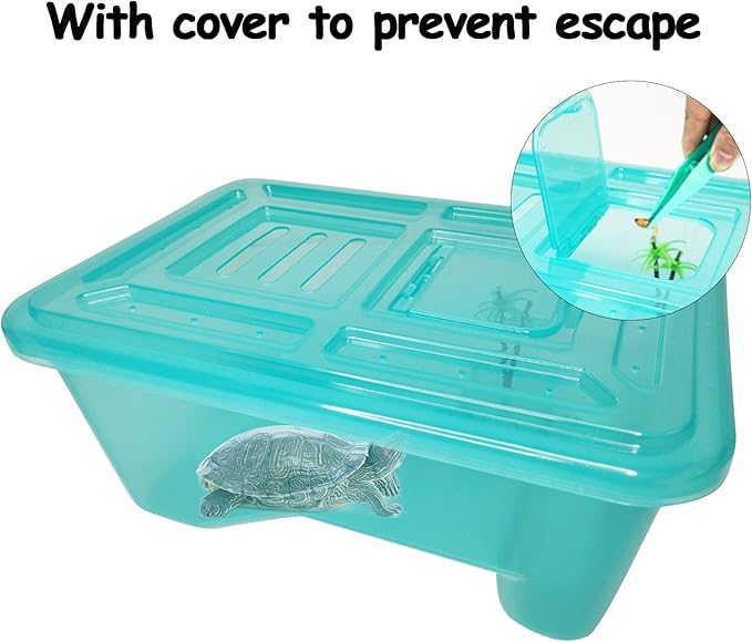 Fhiny Turtle Tank with Lid, Plastic Reptile Terrarium Turtle Breeding Box with Basking Platform Tortoise Aquarium for Crayfish Hermit Crabs Geckos Lizards Habitat Prevent Escaping (Small)