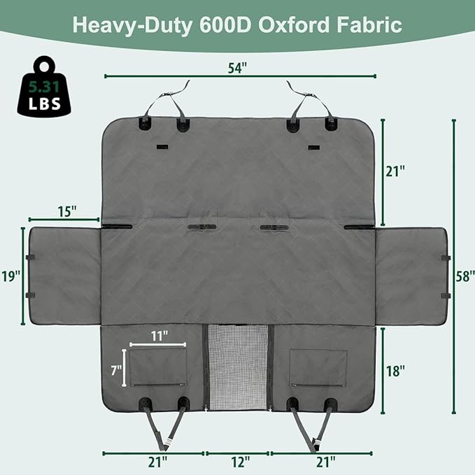 Dog Car Seat Cover for Back Seats 100% Waterproof with Metal Buckle Mesh Window Scratch Proof Heavy Duty Rear Backseat Protector Hammock for Pet, SUV Truck Vehicle Accessories, 54" x 58", Grey