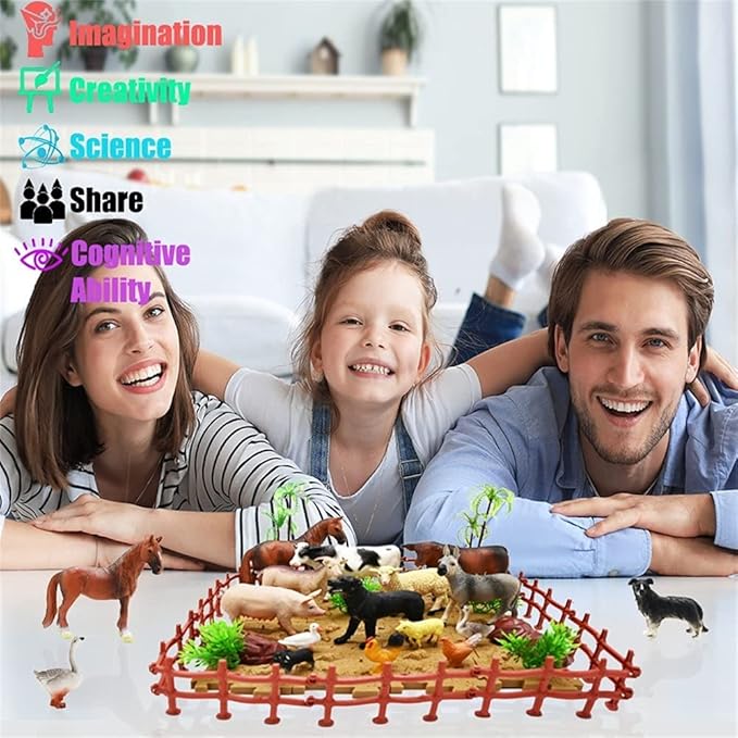 Farm Animal Figurines, Realistic Plastic Animals Toys with Fences Building Blocks, Farm Figures Playset Educational Birthday Gift for Kids & Toddlers, 53 PCS