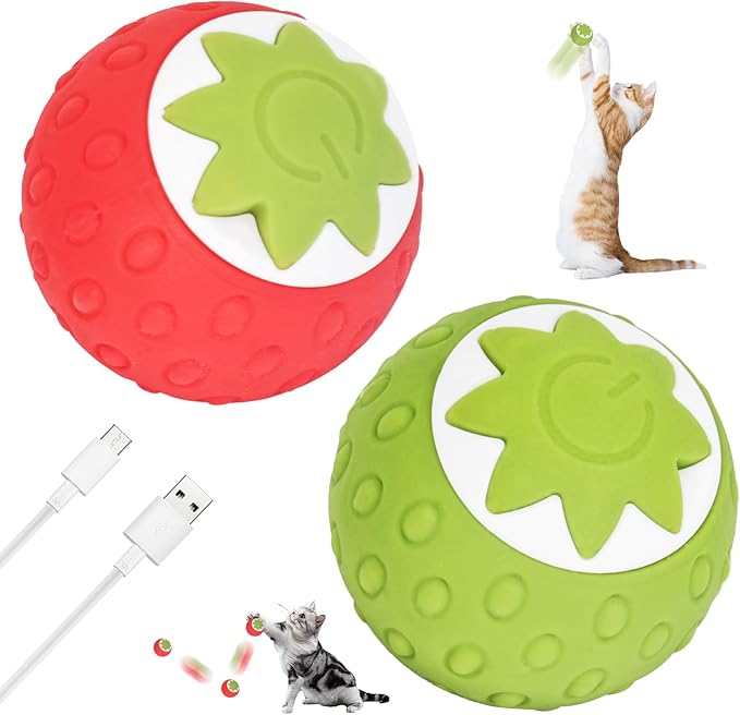 2Pcs Self-Moving Electric Cat Toy Ball with LED - Automatic Interactive Cat Toys for Indoor Cats, Smart Strawberry Design Stimulates Hunting Instincts, Boredom Relief & Exercise for Solo Play