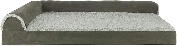 Furhaven Cooling Gel Dog Bed for Large Dogs w/ Removable Bolsters & Washable Cover, For Dogs Up to 95 lbs - Two-Tone Plush Faux Fur & Suede L Shaped Chaise - Dark Sage, Jumbo/XL