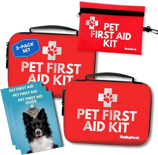 Dog First Aid Kit 3-Pack – 2 Hard-Sided & 1 Compact Travel Pet First Aid Kits – Vet-Approved Emergency Supplies with First Aid Guide, Tick Remover, Thermal Blanket for Hiking, Camping, Car, RV