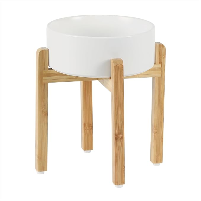 Ceramic Elevated Dog Bowl Set - Large Breed Dog Food and Water Bowl, Weighted Dishes (8.2'', 60OZ, White)