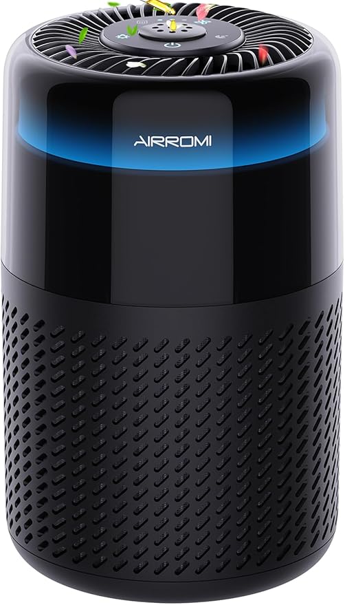 AIRROMI Air Purifier for Bedroom Home,HEPA Filter,Covers Upto 549 Ft²,Quiet 360°intake Air Cleaner with Fragrance ponge for Better Sleep,Night Light,Filters Smoke,Pet Dander,Allergies,Dust,A2005 Black