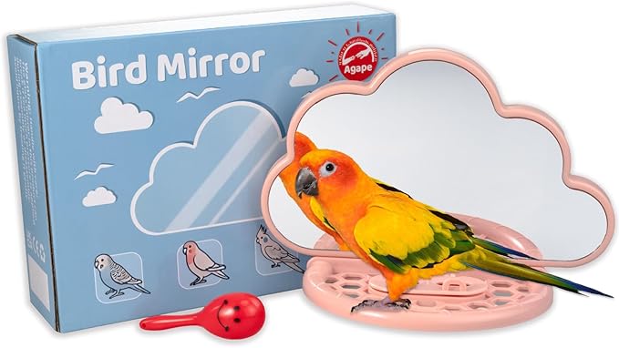 Agape Bird Mirror for Cage， Bird Toys with Perch and Slow Feeder to Expend Energy, Small Parrot Swing, Interactive Toys for Cockatiel, Lovebird, Parakeet, Conure, Finch, and Budgies