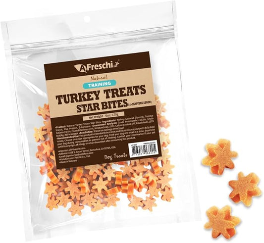 Afreschi Natural Turkey Treats Star Bites –6 oz, Hexagonal Shape, USA-Sourced Trukey, All-Natural, Hypoallergenic, Low-Fat, Healthy & Easily Digestible, Puppy & Training Snack & Small Dogs