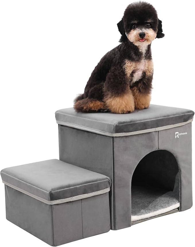 Foldable Pet Stairs for Beds & Sofas - Non-Slip Dog Steps with Storage for Small to Medium Dogs & Cats, Supports up to 120 lbs - Durable 2 & 3-Step Doggie Ladder for Easy Access