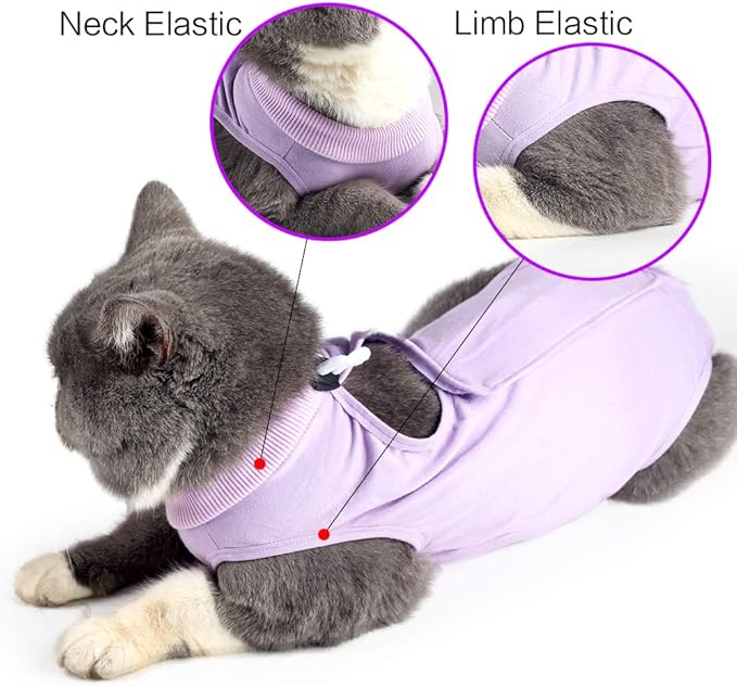 DOTON Cat Recovery Suit for Male and Female Surgical Post Surgery Soft Cone Onesie Shirt Clothes Neuter Licking Protective Diapers Outfit Cover Kitten Spay Collar(S, Purple)