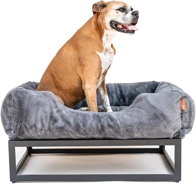 FUZI Premium Aesthetic Dog Bed for Medium Dogs with Washable Cover, Pet Couch, Pet Bed with Sides, Non-Slip Bottom, Soft and Durable Calming Dog Bed, Faux Rabbit Fur, Medium 31.75x23.6x9.5 Dark Grey