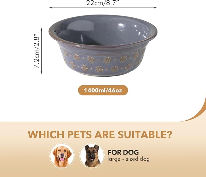 Ceramic 8.7inch Dog Bowl for Large Dog, Basic Food and Water Bowl for Replacement, Wide Opening Rounded Edge(Single Bowls, Reactived Glaze -Grey)