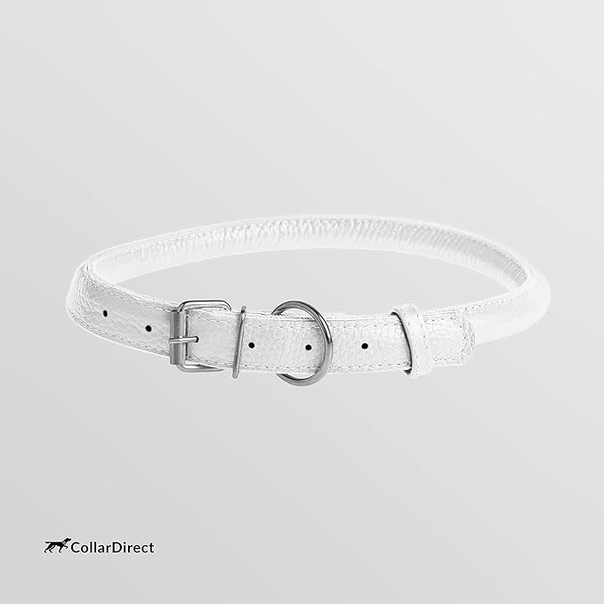 CollarDirect Rolled Leather Dog Collar, Soft Padded Round Puppy Collar, Handmade Genuine Leather Collar Dog Small Large Cat Collars 13 Colors (13-16 Inch, White Textured)