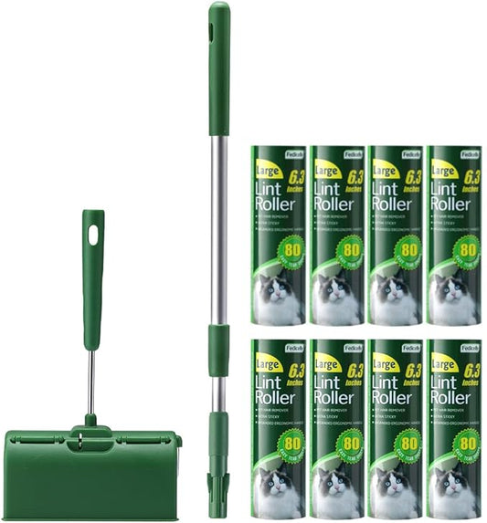Floor Lint Rollers Pet Hair Extra Sticky with Retractable Long Handle,Large Cat Dog Hair Remover Laundry Clothes Carpet Furniture,6.3 inches Wider with 640 Sheets Giant Lint Remover Brush for Couch