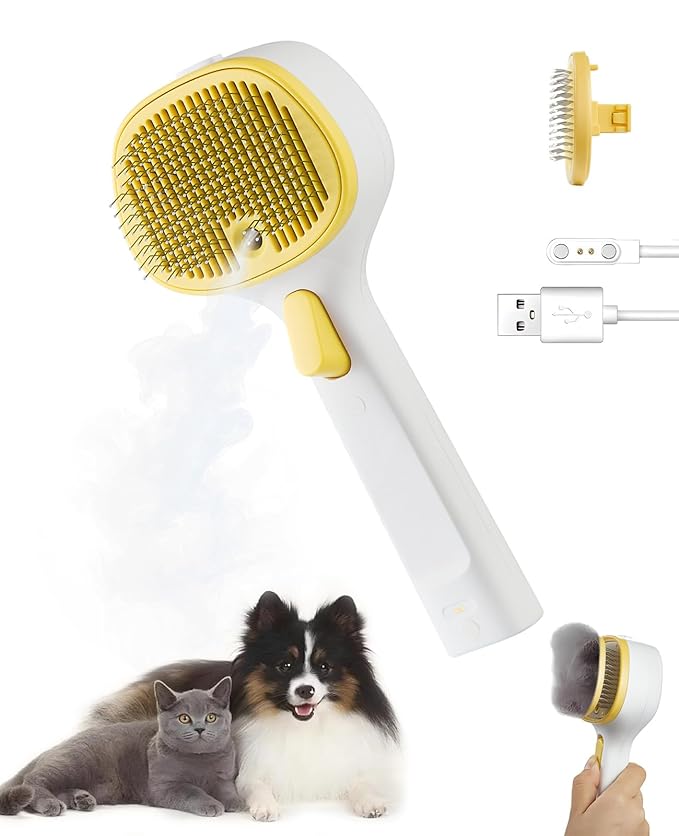FURGO 3-in-1 Pet Steam Brush for Dogs & Cats – Reduces Static, Short-Pin Head for Short Hair, One-Click Release Button, Dog Spray Brush for Shedding Control (Short)
