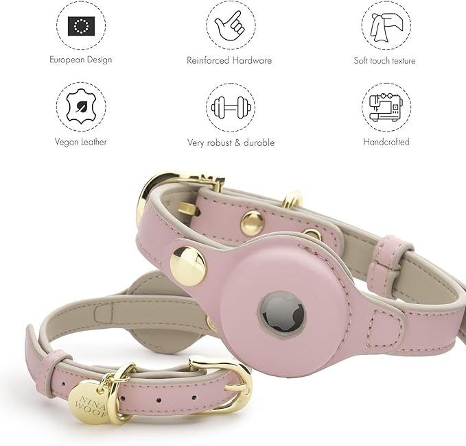 Cupertino Dog Collars, Harnesses & Leashes Made from Vegan Leather with Dog Tracker Device Holder Adjustable Dog Collar (Large, Pink)