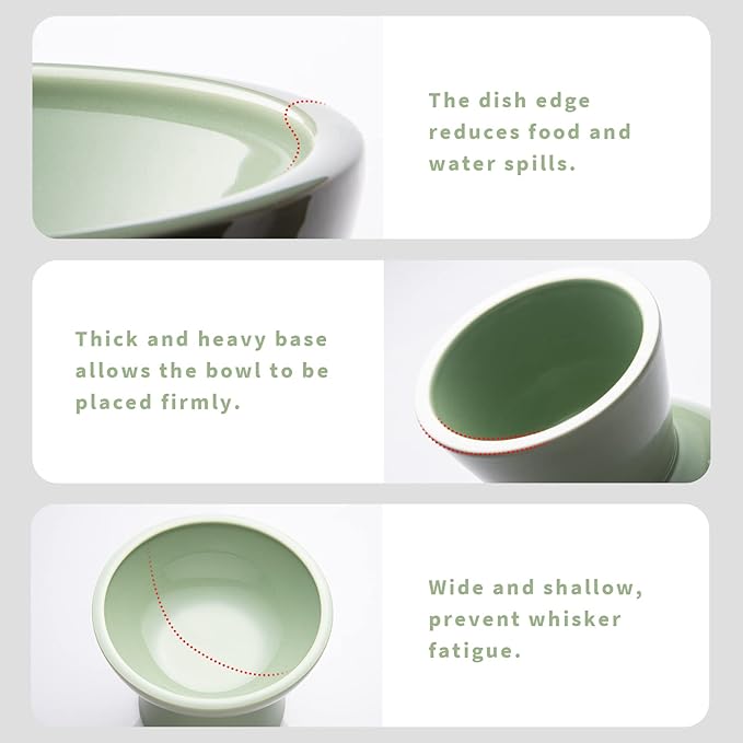 Extra Wide Elevated Ceramic Cat Food Bowl - 6.2" Shallow Dish for Whisker Fatigue Relief, 5" Height for Easy Feeding, Lead & Cadmium Free, Durable Raised Cat Food Bowls, Sage Green