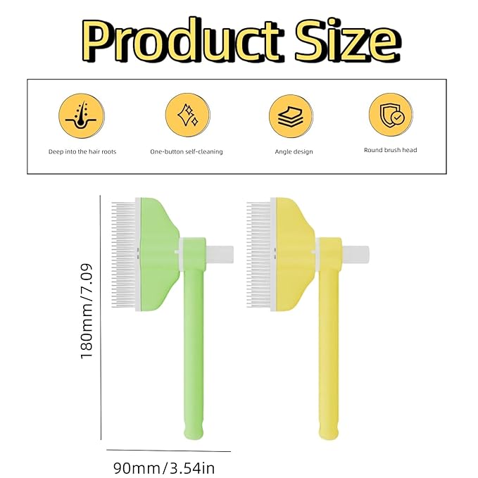 360° Press and Rotate Flea Comb for Cats and Dogs - Self-Cleaning Pet Hair Removal Tool with Release Button & Long-Short Stainless Steel Teeth for Shedding (Green and Yellow)