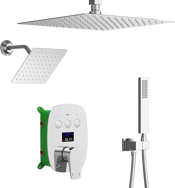 Digital Display Chrome Shower System with 12 inch Ceiling Mounted Shower Head and 8 inch Wall Mounted Shower Head, with Handheld Shower